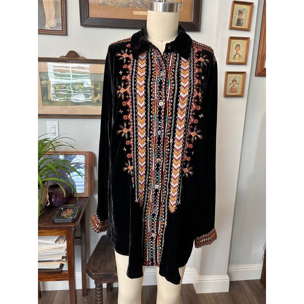 Johnny Was velvet tunic top Chiri Embroidered button front bohemian